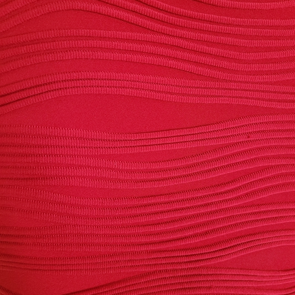 Joseph Ribkoff Red Ruched Textured Faux Wrap‎ Dress - Picture 7 of 8